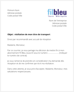 Lettre pour résilier Fil Bleu (Tours)