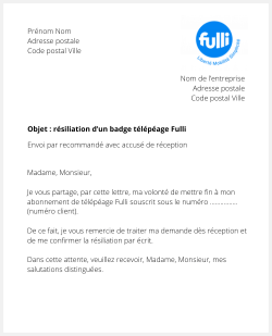 lettre resiliation telepeage fulli