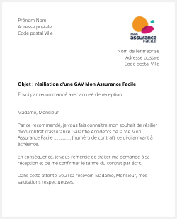 lettre resiliation gav mon assurance facile