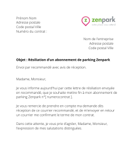 la lettre pour resilier un abonnement de parking zenpark