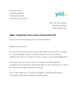 la lettre pour resilier un abonnement delectricite yeli