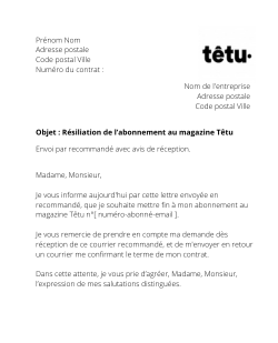 la lettre pour resilier un abonnement tetu