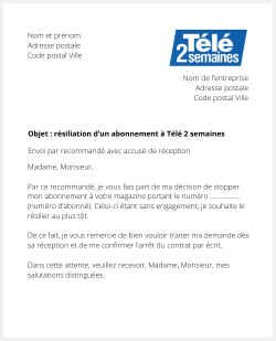 lettre resiliation abonnement tele 2 semaines