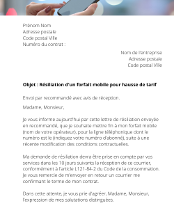 la lettre pour resilier un forfait mobile pour augmentation de tarif