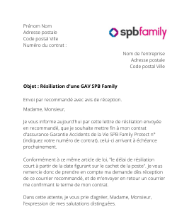 la lettre pour resilier une GAV SPB Family Protect