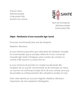 la lettre pour resilier une mutuelle agir