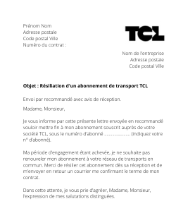 la lettre pour resilier un titre de transport tcl