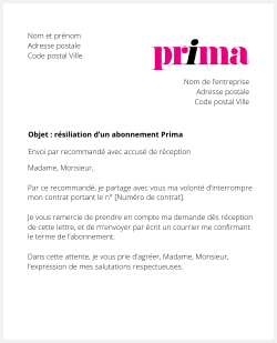 lettre resiliation abonnement prima