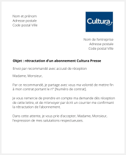 lettre resiliation cultura presse