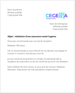 la lettre pour resilier une mutuelle cegema