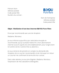 Lettre de résiliation B&YOU Pure Fibre