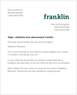 lettre resiliation franklin pet food