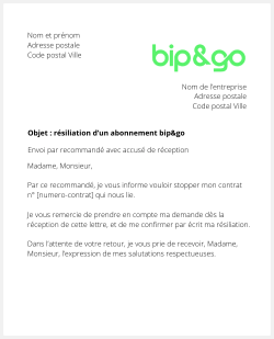 la lettre pour resilier un abonnement de telepeage bip and go