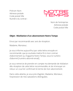 lettre resiliation abonnement notre temps