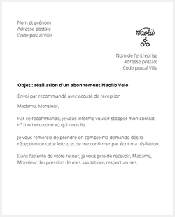 la lettre pour resilier un abonnement Naolib Velo