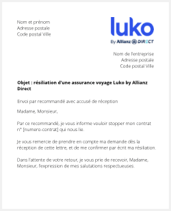 lettre resiliation assurance voyage luko