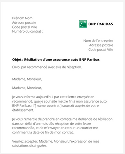 Résiliation d'une assurance auto BNP Paribas