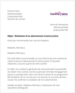 Résiliation d'un abonnement Comme j'aime