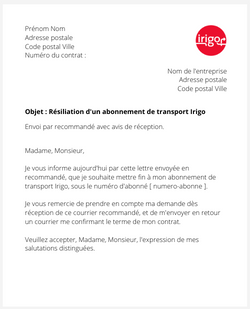 Résiliation d'un abonnement Irigo