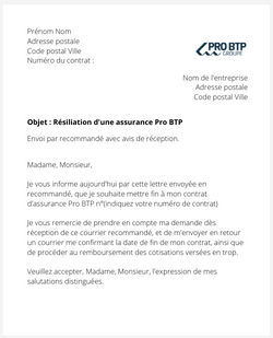 Résiliation d'une assurance Pro BTP