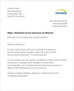 Résiliation d'une assurance vie Mutavie