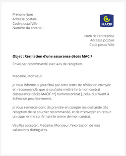 la lettre pour resilier une assurance deces macif