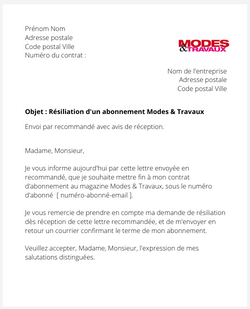 la lettre pour resilier un abonnement modes et travaux