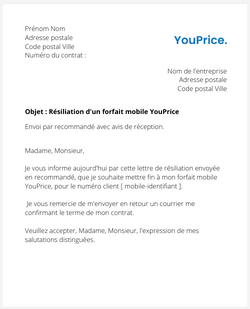 Résiliation d'un forfait mobile YouPrice.