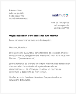 lettre resiliation assurance auto/moto Matmut