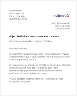 Lettre pour stopper une assurance auto/moto Matmut