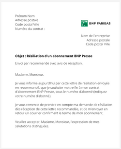 Résiliation d'un abonnement BNP Presse