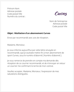la lettre pour resilier un abonnement de sport curves
