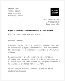 la lettre pour resilier un abonnement planete fitness