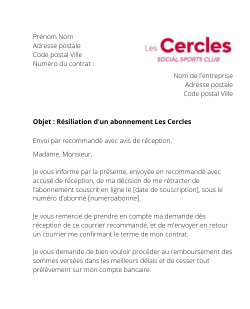 la lettre pour resilier un abonnement les cercles de la forme