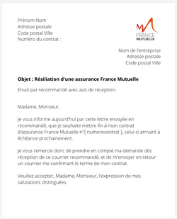 Résiliation d'un contrat France Mutuelle