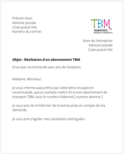la lettre pour resilier un titre de transport tbm
