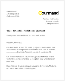 Lettre pour résilier Gourmand