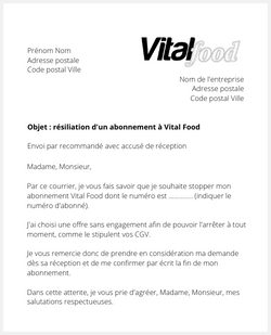 Lettre pour résilier Vital Food