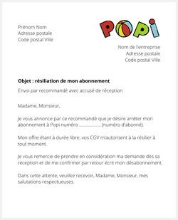 la lettre pour resilier un abonnement popi