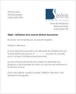 Résiliation d'un contrat Serenis Assurances