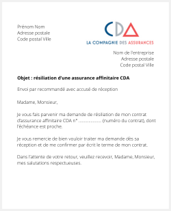 la lettre pour resilier une assurance affinitaire cda