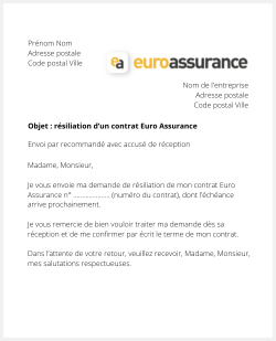 la lettre pour resilier un contrat euro assurance