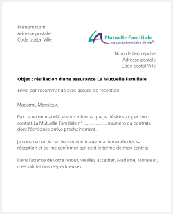 Lettre pour résilier une assurance de La Mutuelle Familiale