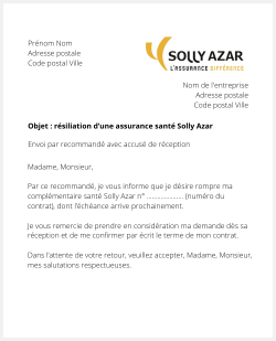 Lettre pour résilier une assurance santé Solly Azar