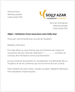Lettre pour résilier un contrat auto Solly Azar
