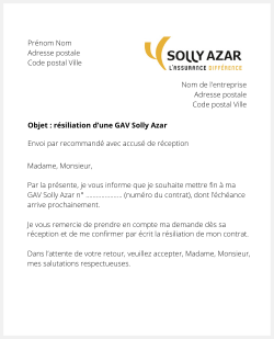 Lettre pour résilier une GAV Solly Azar