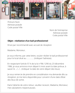 Lettre pour résilier un bail professionnel