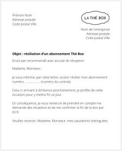 Lettre pour résilier Thé Box