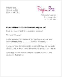 Lettre pour résilier Régime Box