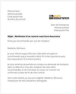 lettre resiliation contrat auto euro assurance